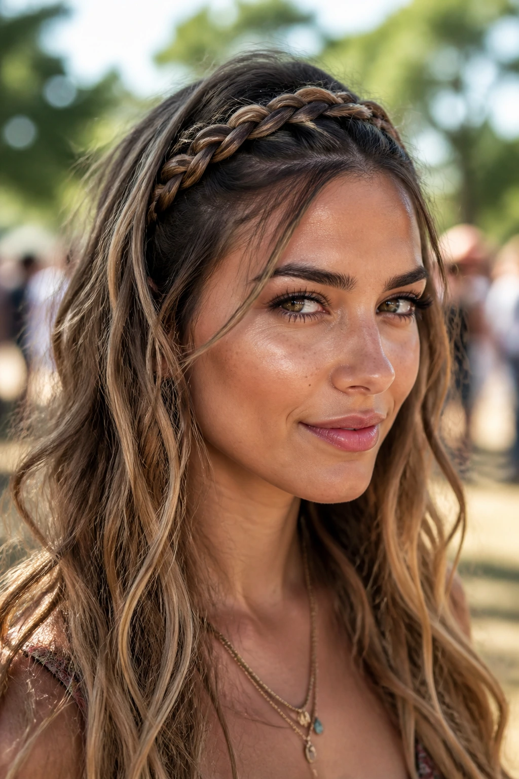 Close-up of a real person with a headband braid and loose waves outdoors