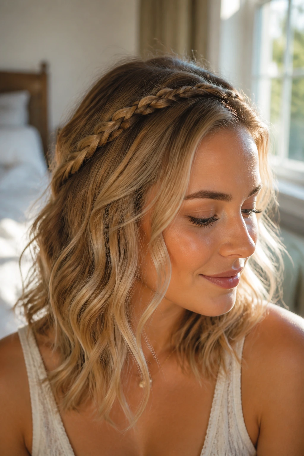 Close-up of a real person with a headband braid and loose waves in golden hour light