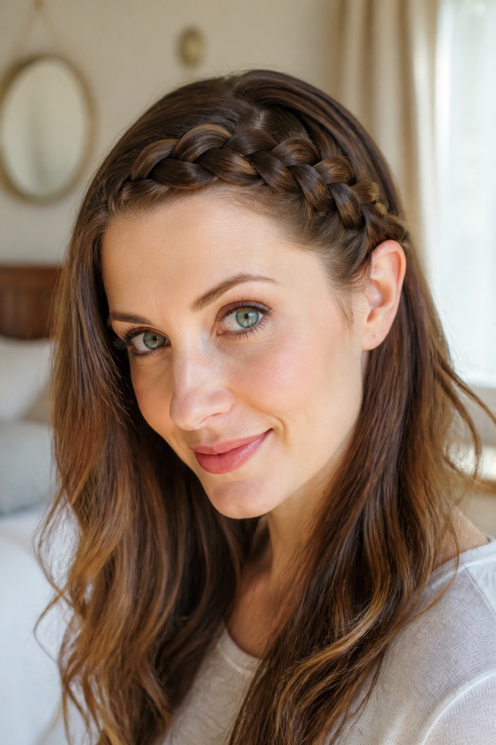 Close-up of a real woman with a headband-style French braid along the hairline.
