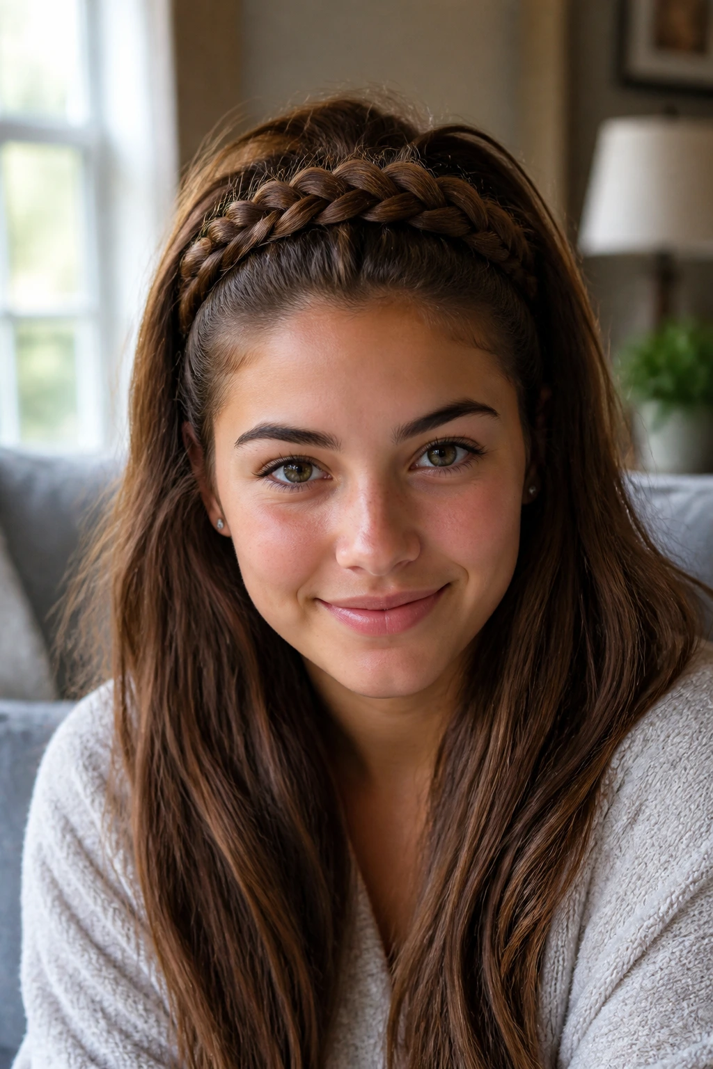 Close-up of a real woman wearing a front headband braid