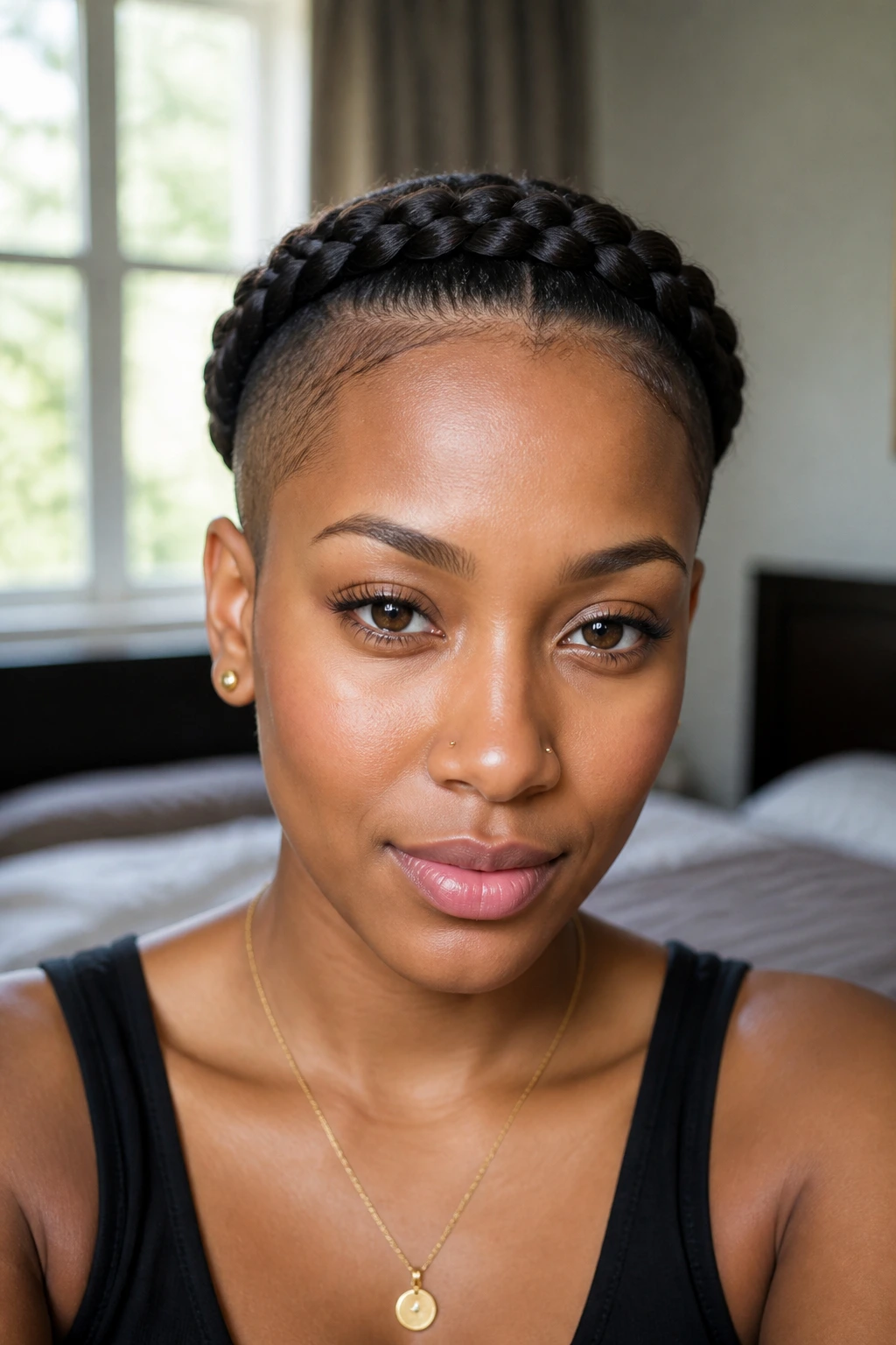 Close-up of a real woman with shaved sides and a headband braid forming a crown along the hairline.