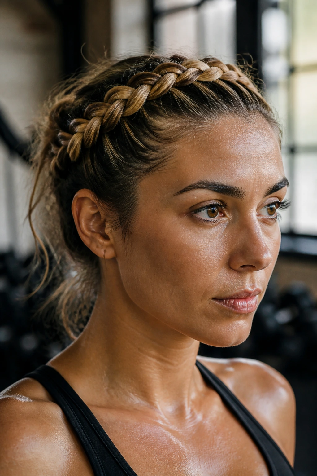 Close-up of a real woman wearing an ear-to-ear headband braid for gym wear