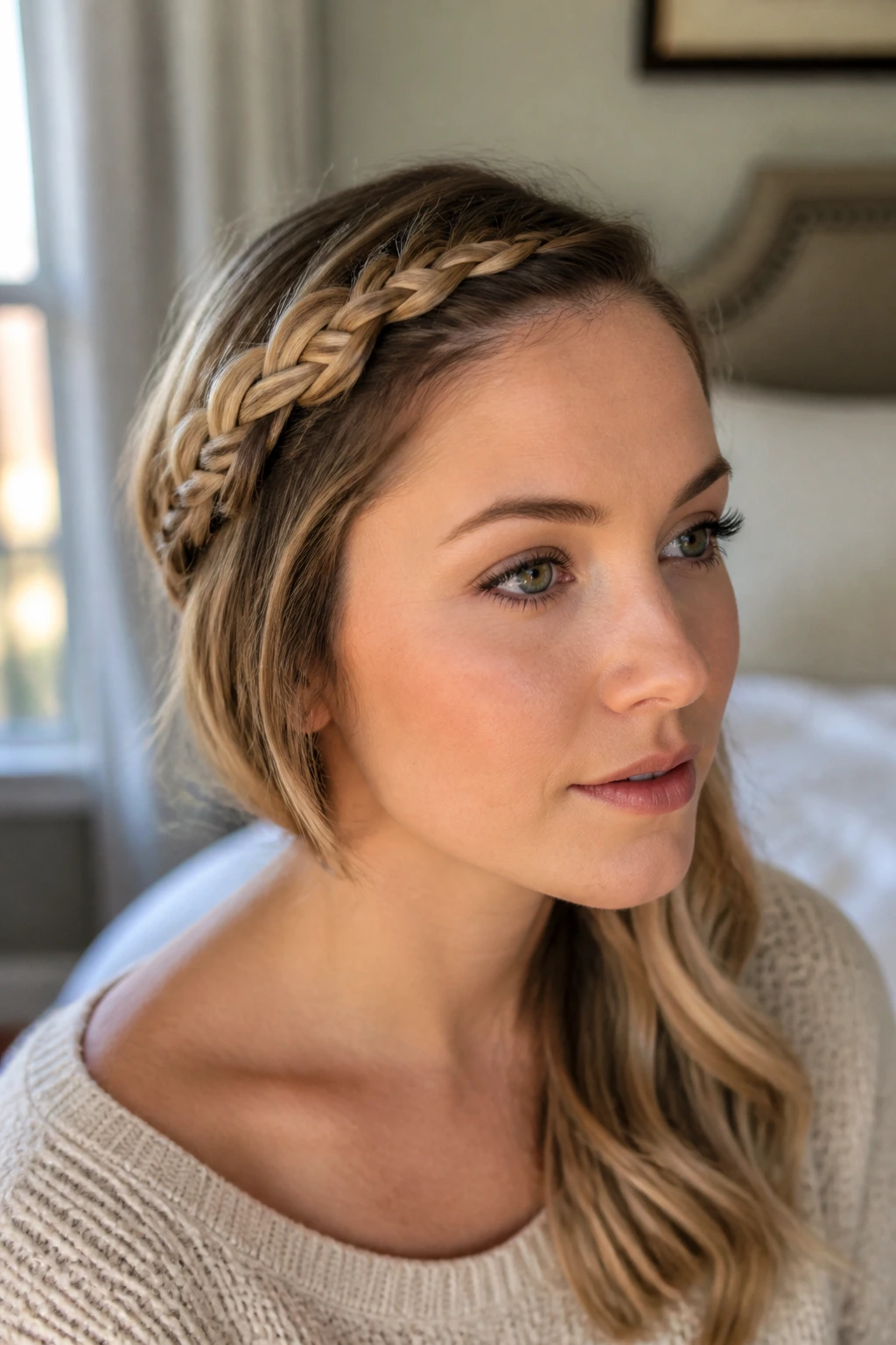 Close-up portrait of a woman with a headband side braid framing her face