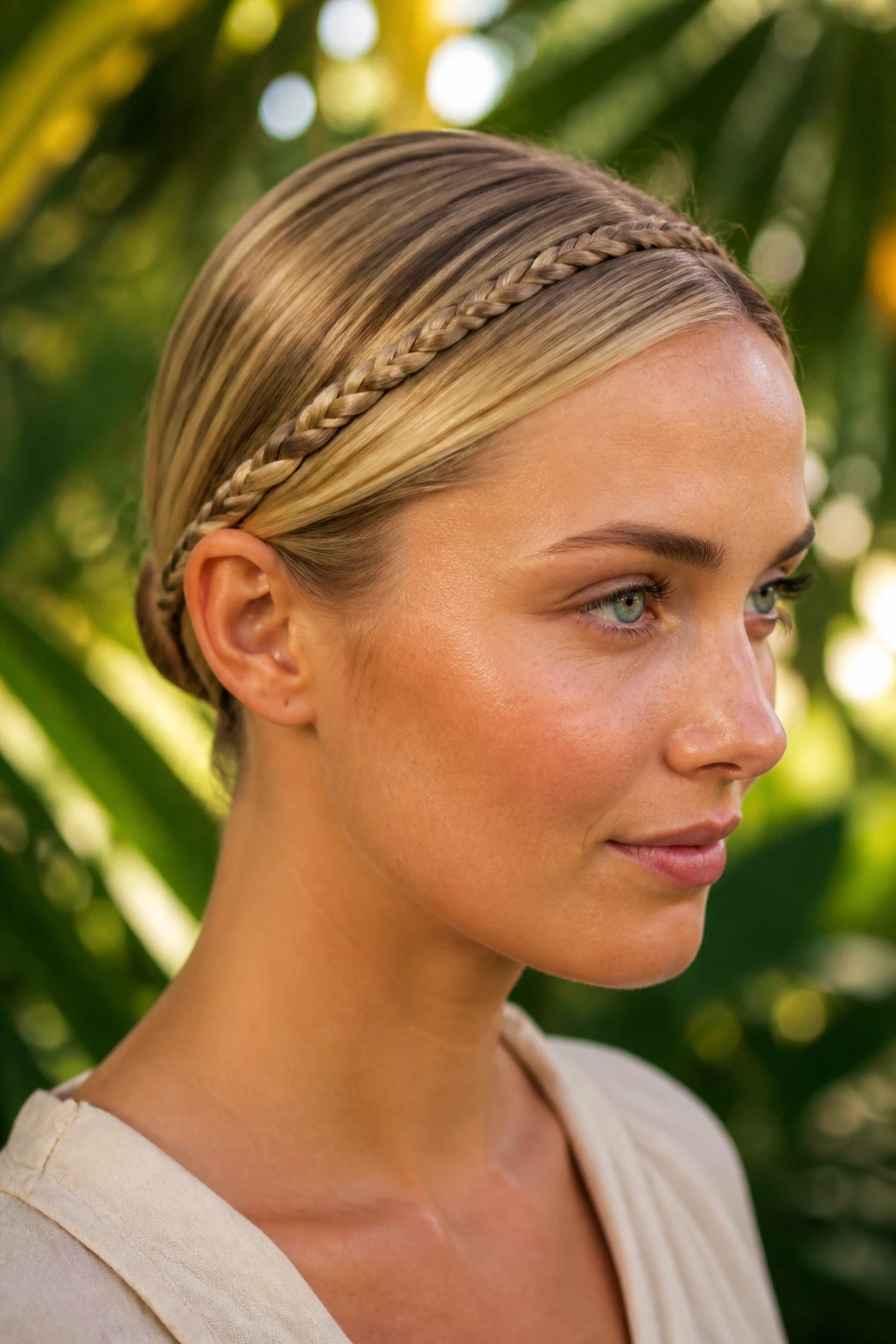 Close-up portrait of a woman with a wrapped headband braid in a tropical garden