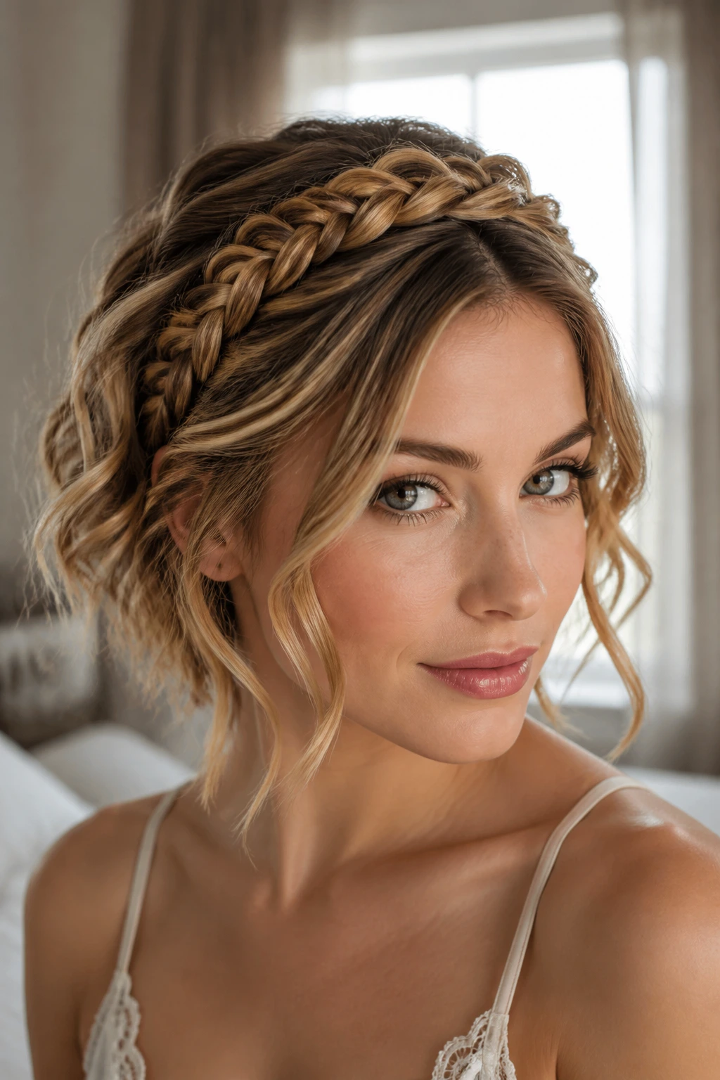 Close-up of real woman with crown-like headband braid and beachy waves
