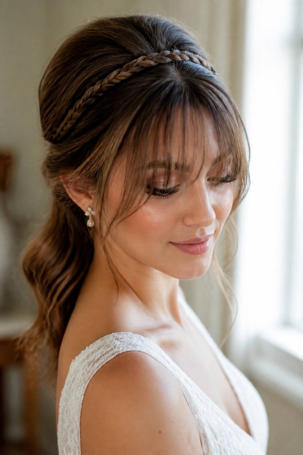 Bride with delicate headband braid behind wispy bangs in sunlit room