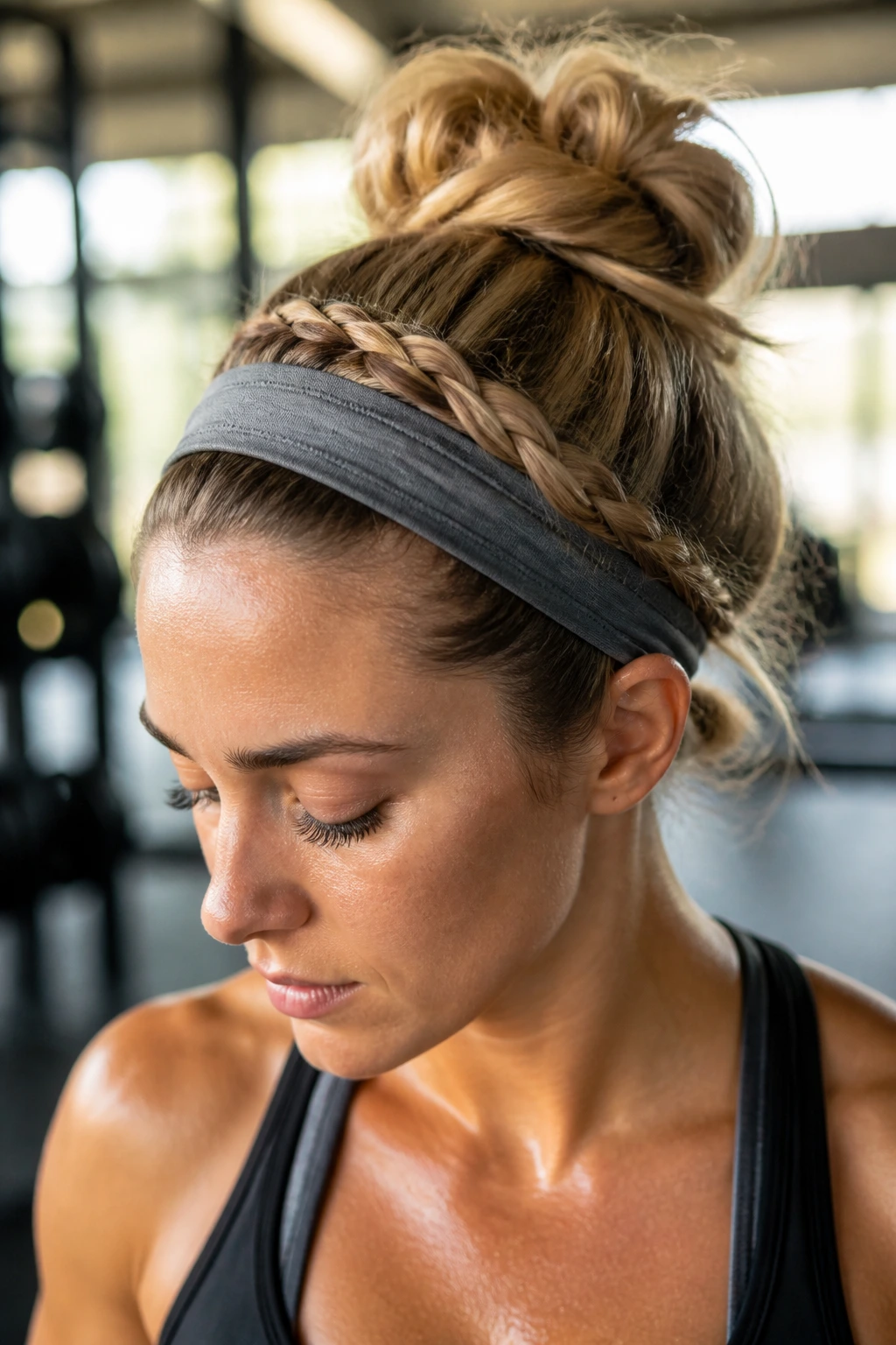 Close-up of a real woman wearing a fabric headband with a crown braid and messy bun for workouts