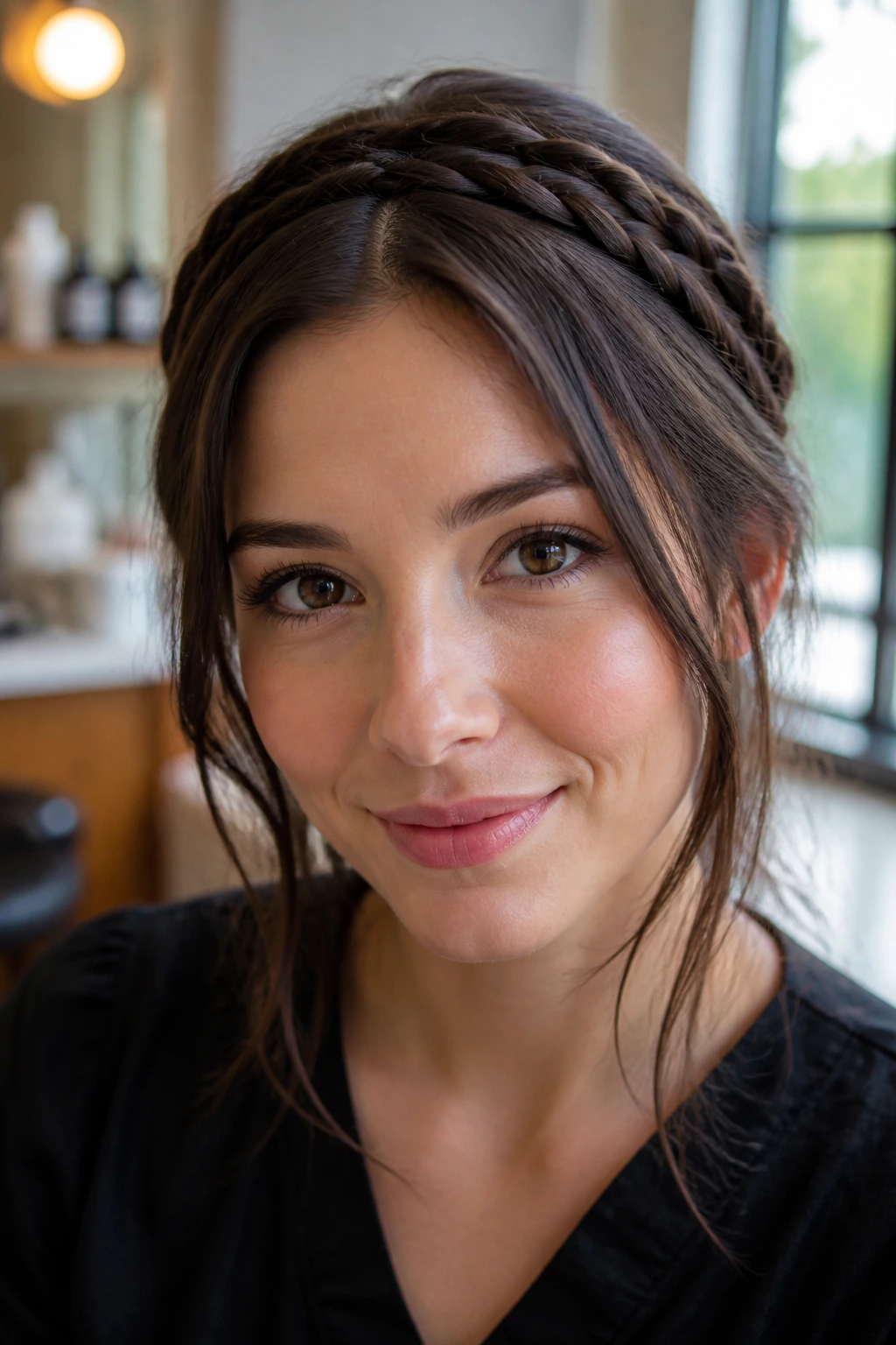 Close-up portrait showing The Headband Braided Crown across the crown of the head.