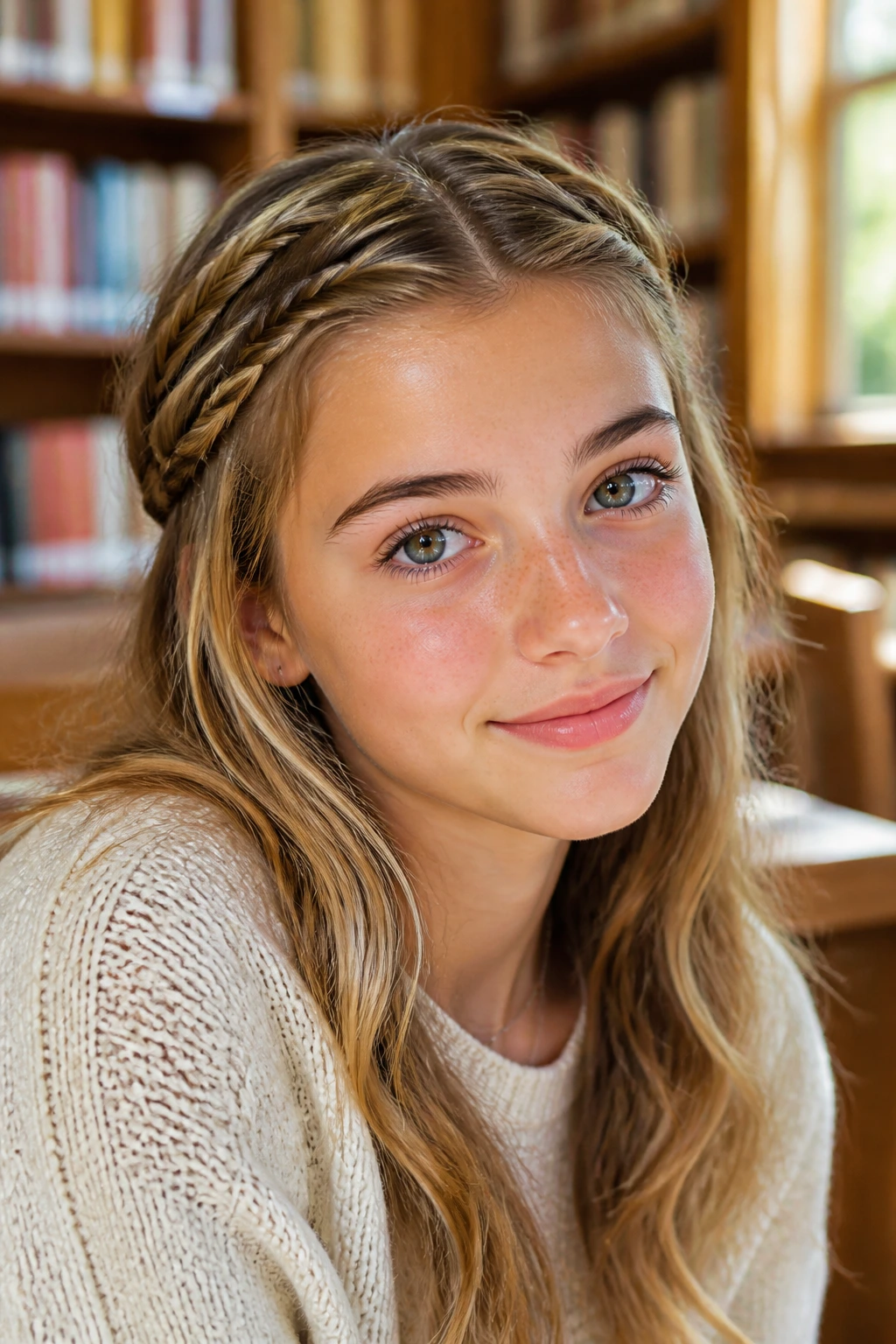 Close-up of a real student with face-framing headband braids