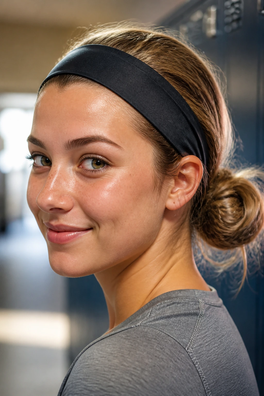 Portrait of a real student with an athletic headband and low messy bun