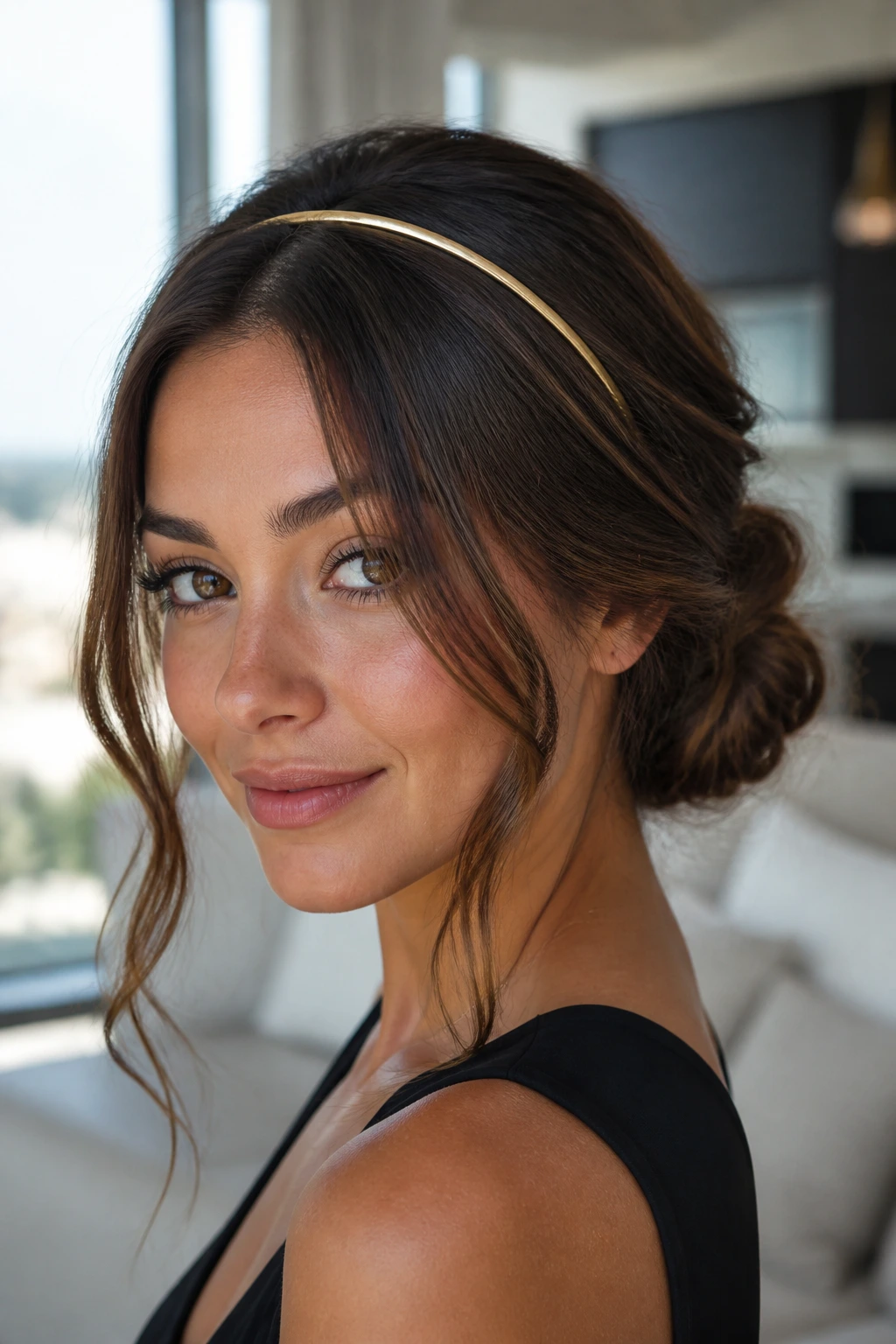 Close-up of a real woman with a headband-enhanced chignon