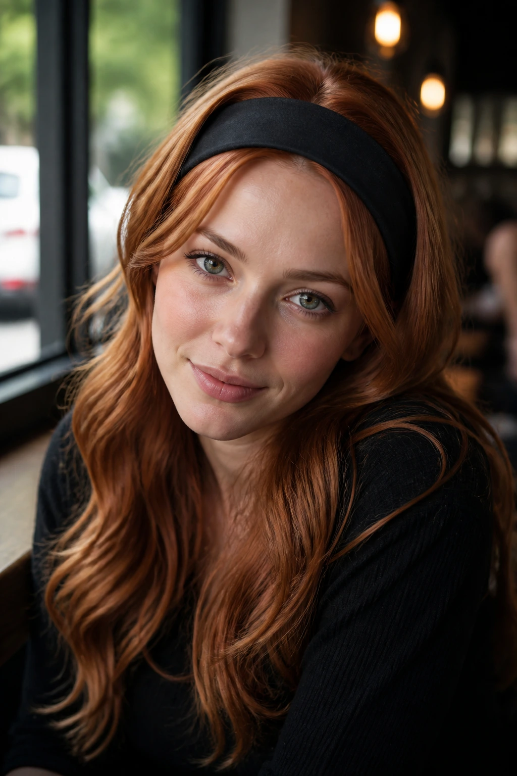 Real woman in copper hair wearing a minimalist black headband