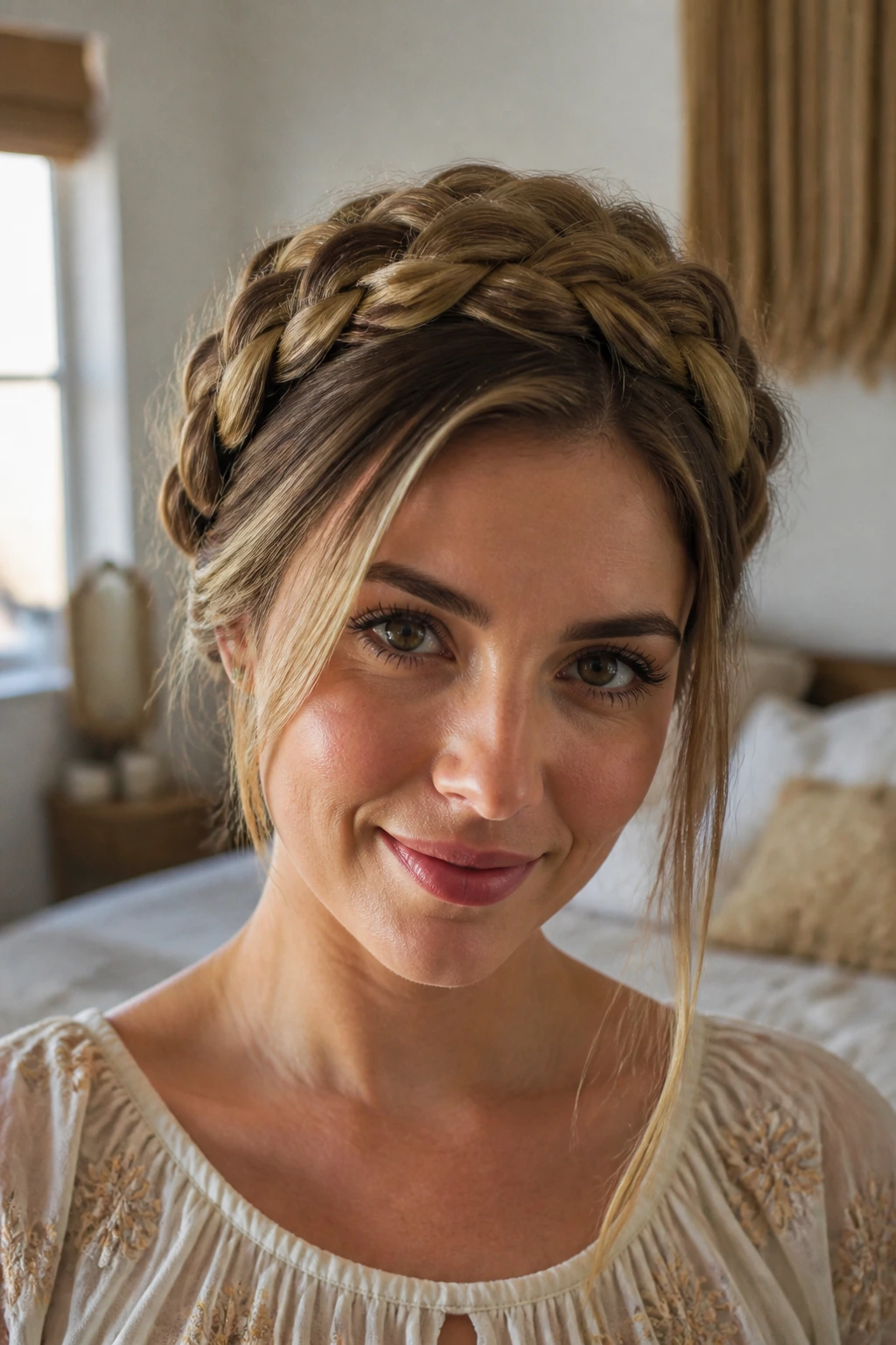 Close-up of a real woman with a headband crown braid hairstyle