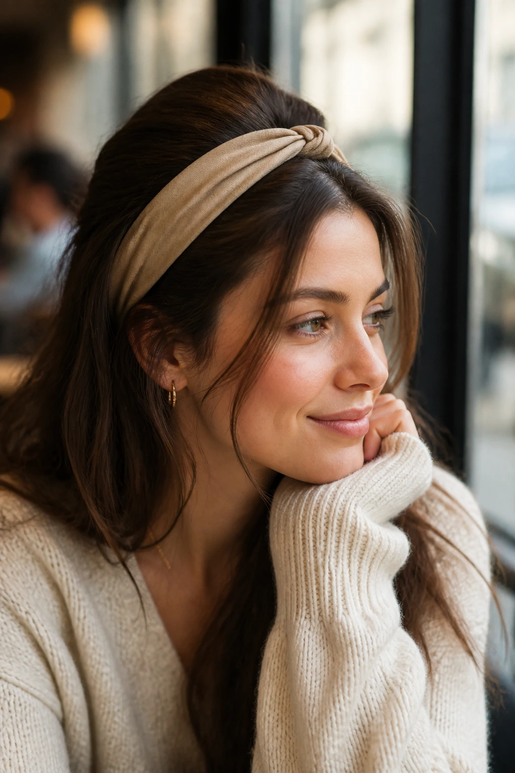 Close-up portrait of a real person wearing a headband for crown volume
