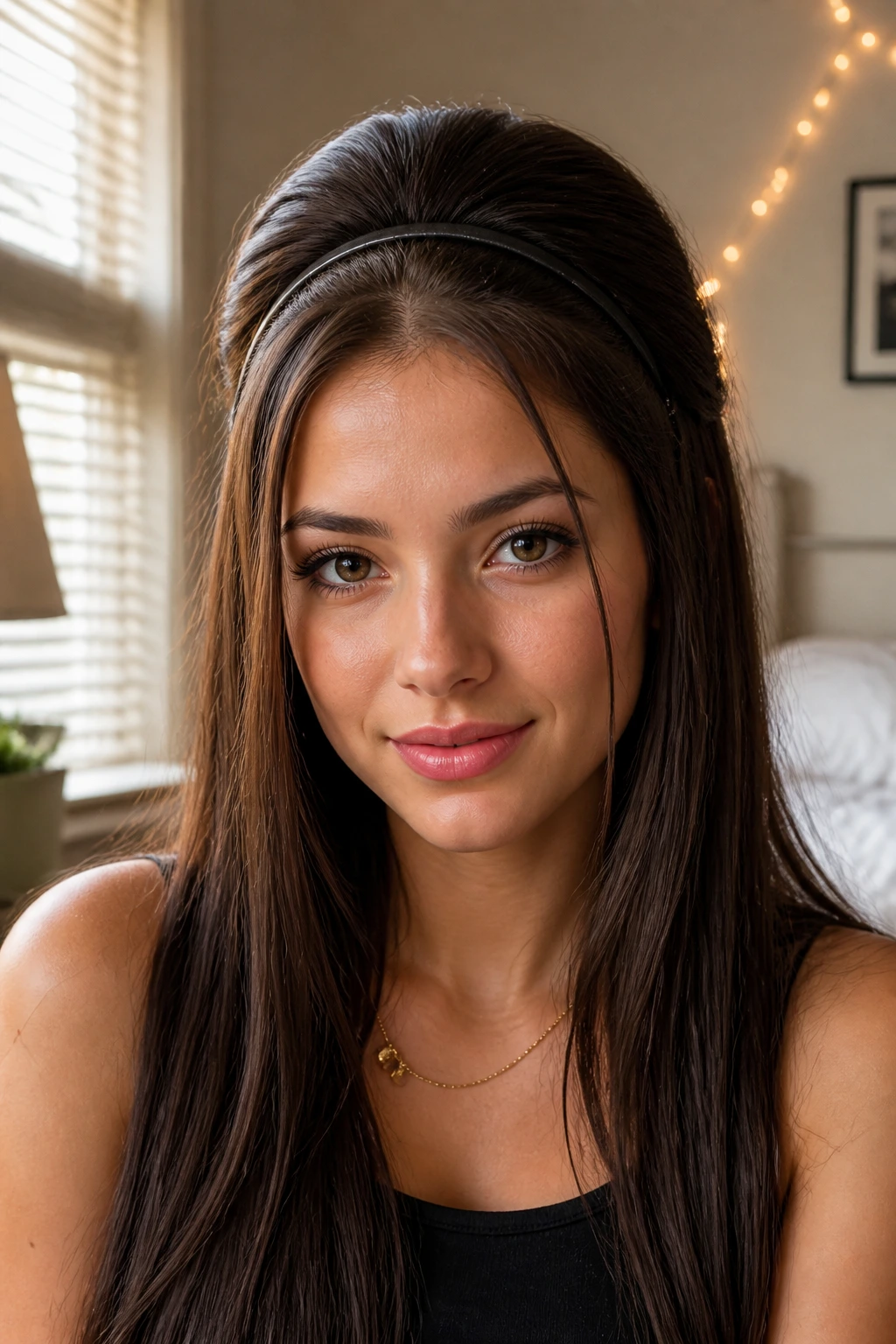 Close-up of a young woman wearing a headband to create crown volume