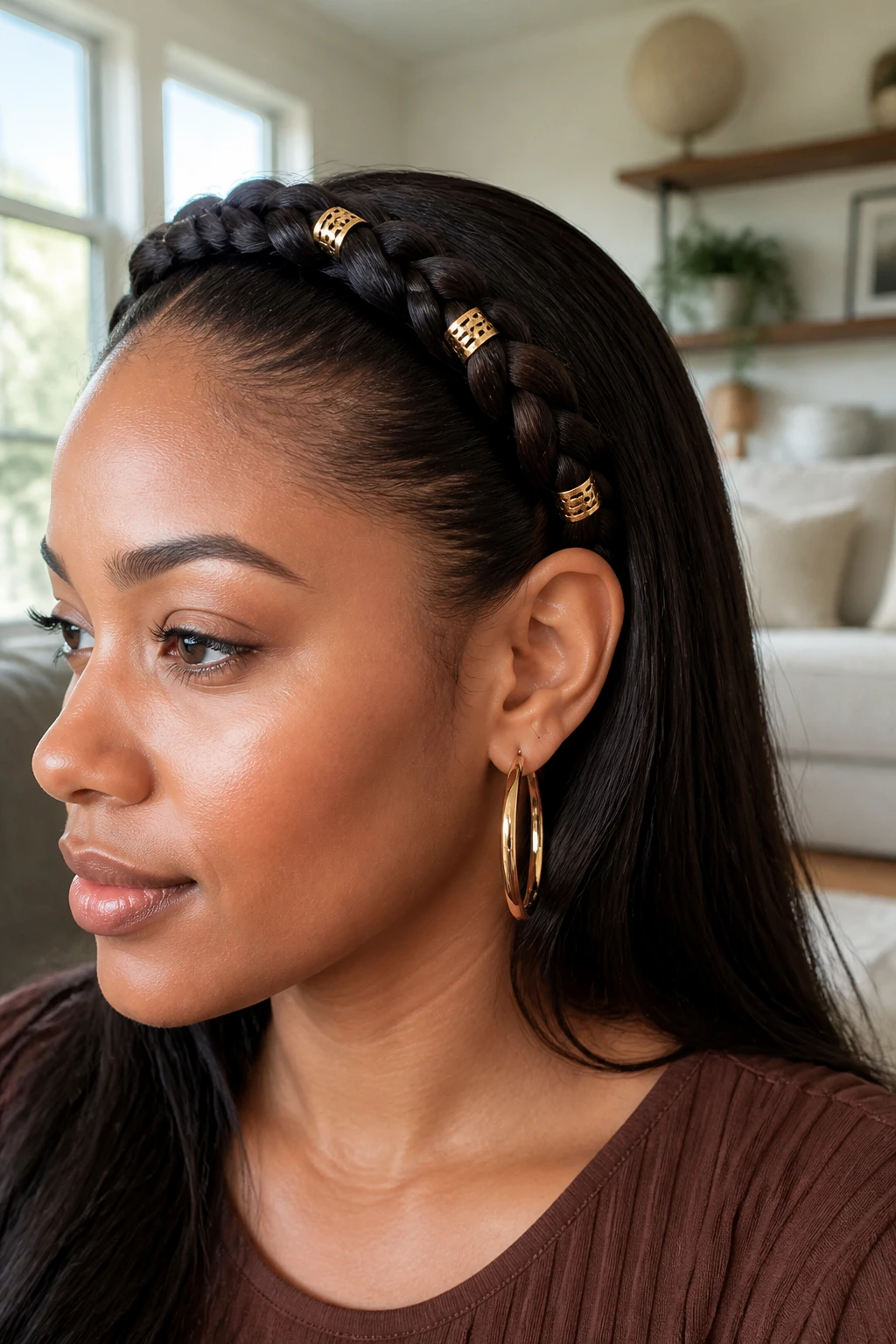 Real woman wearing a cuffed braided headband detail