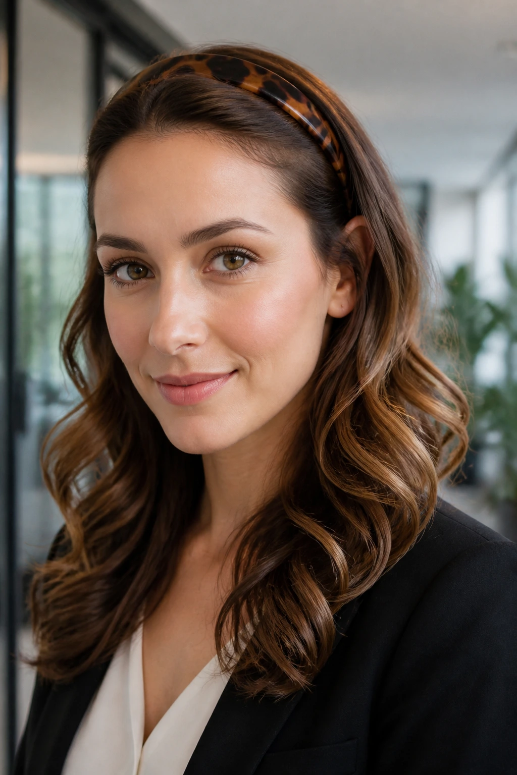 Portrait of a woman with barrel curls and a tortoise-shell headband