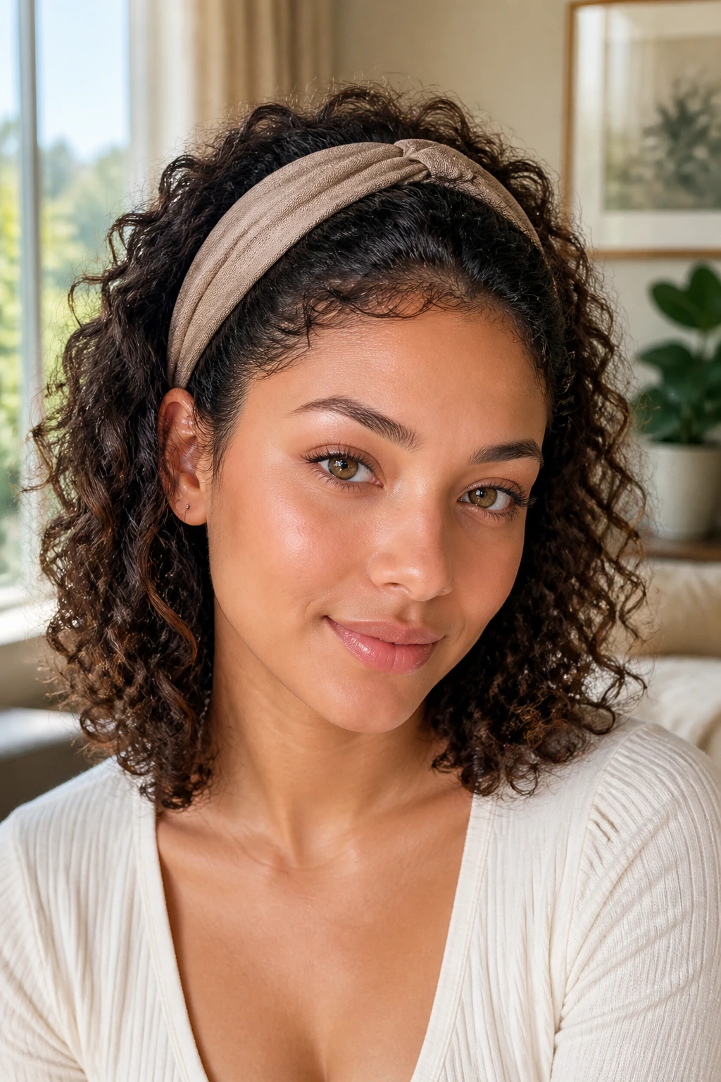 Portrait of a woman with a headband creating crown volume in curly hair, natural light.