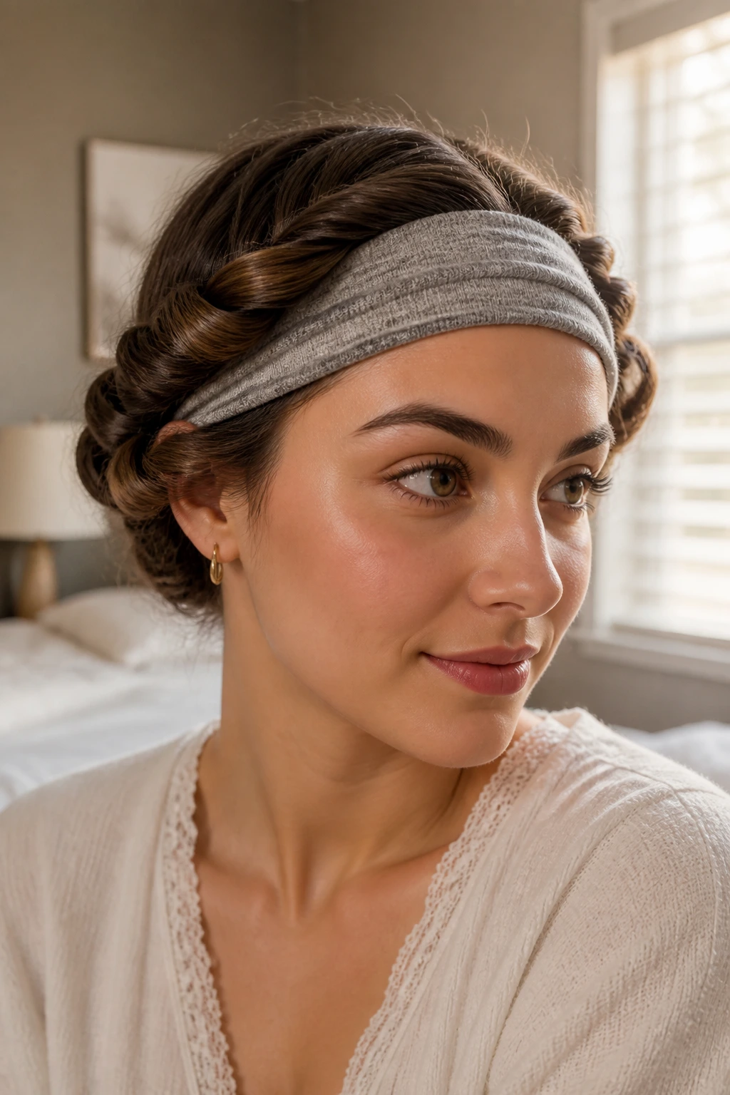 Real woman with hair tucked around a fabric headband forming soft waves