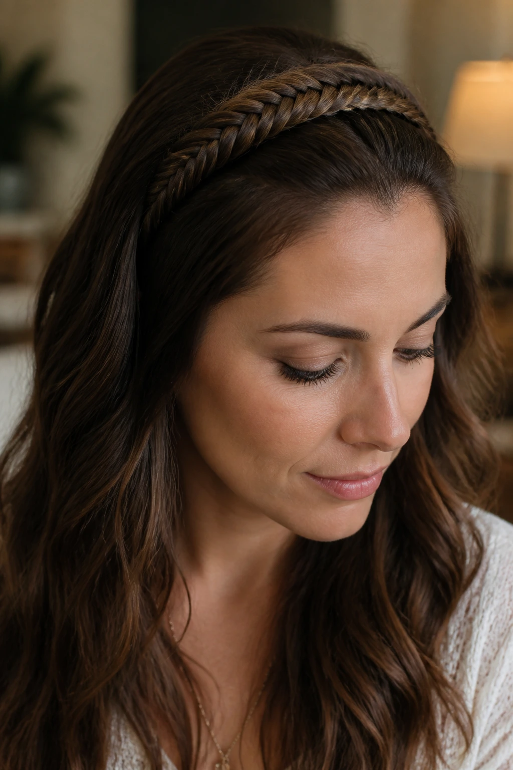 Close-up of a real woman's head showing a fishtail headband along the hairline