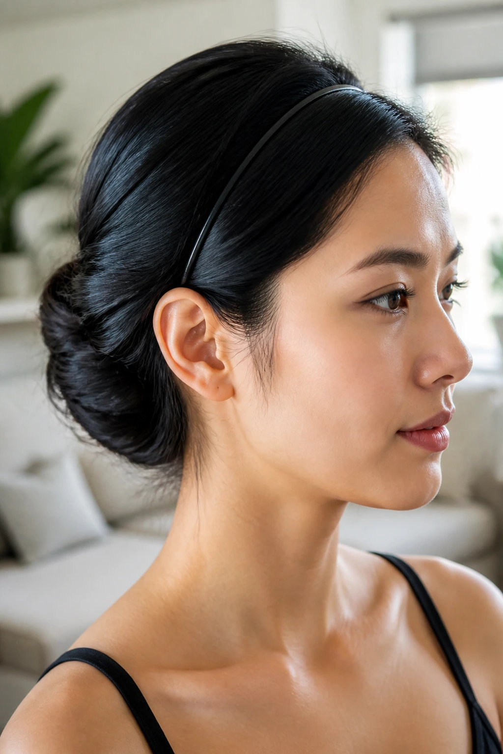 Close-up of real woman with headband fold-over tuck hairstyle