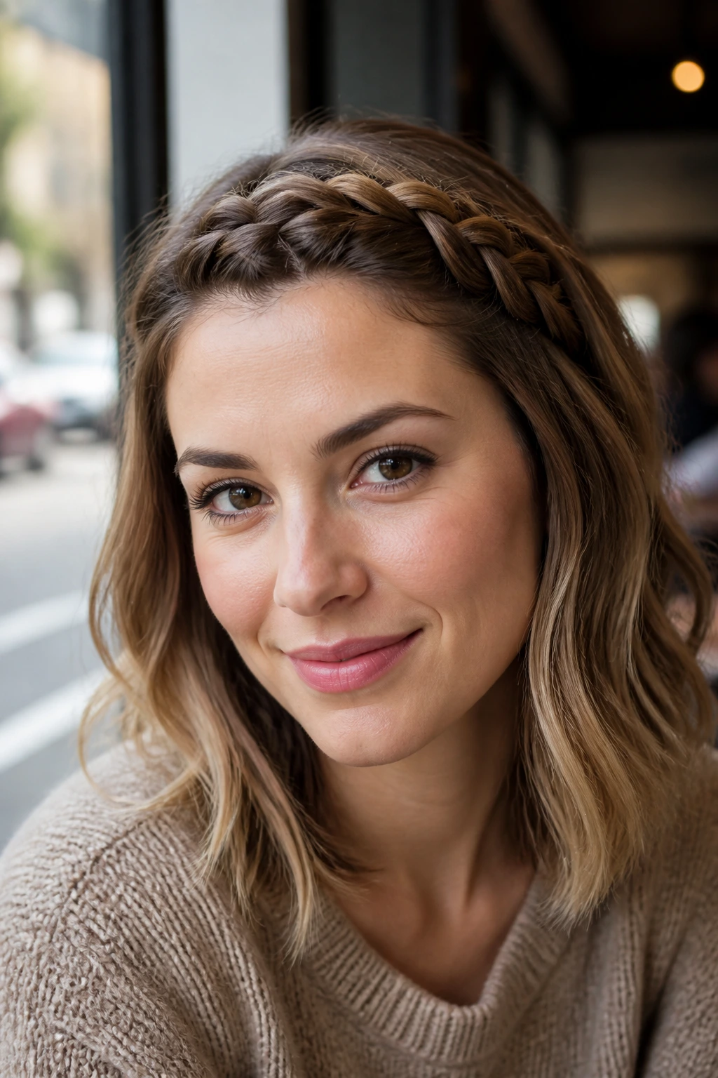 Headband French braid along the hairline of a real woman.