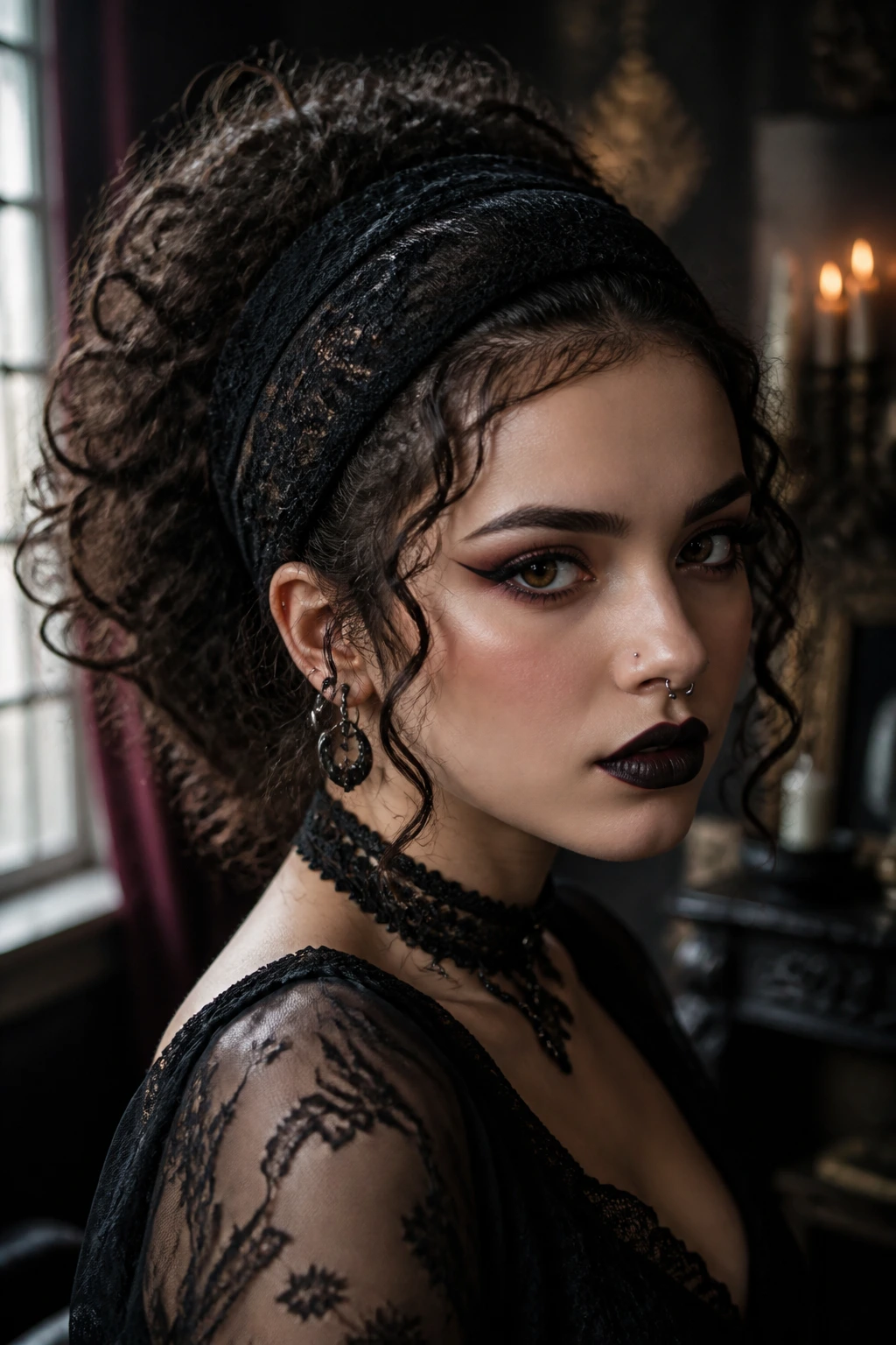 Close-up of a real person wearing a wide ornate headband in soft window light