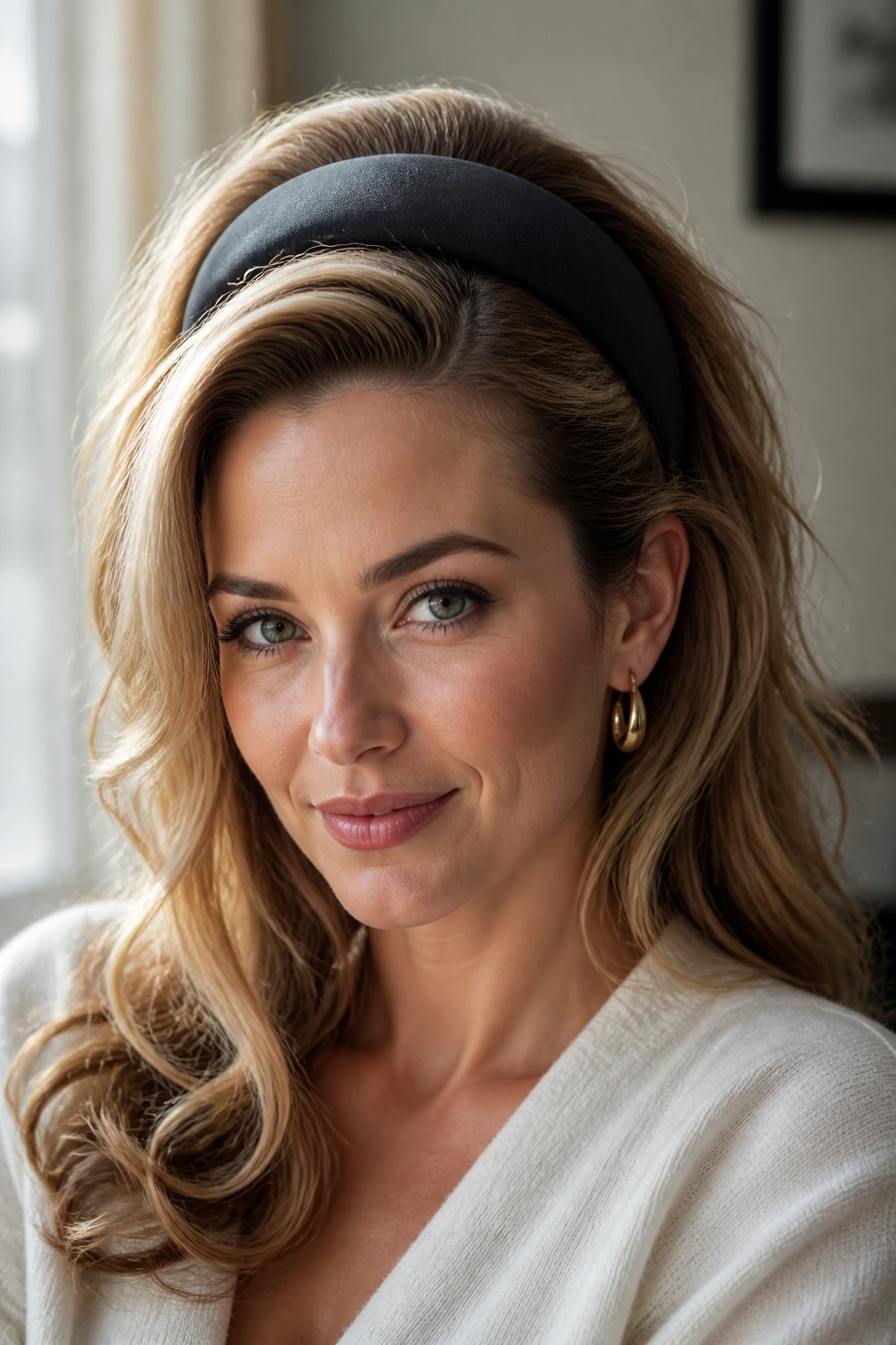 Close-up of a real woman with a wide headband and deep side part.