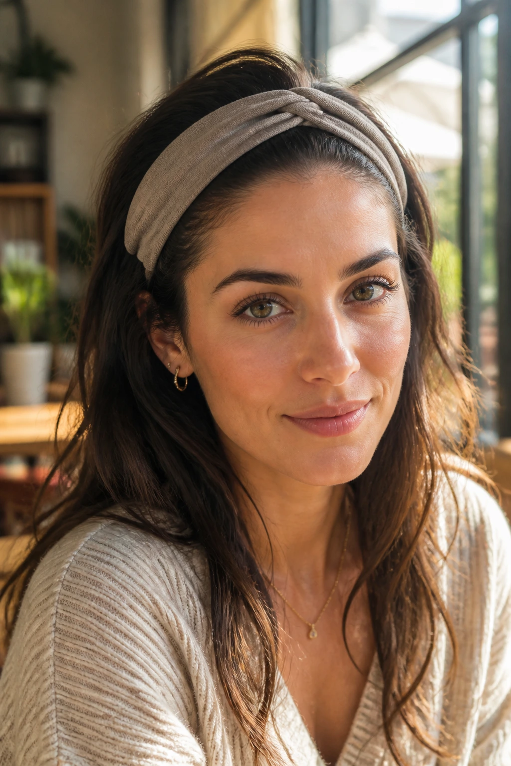 Real woman wearing a wide fabric headband with hair down