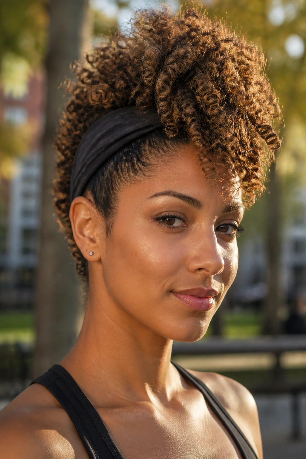 Close-up portrait of a real person with a headband-assisted faux hawk in a park setting.