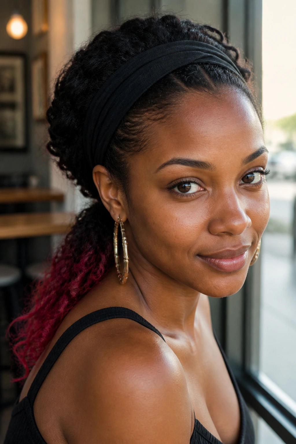 Close-up of a real woman with a wide fabric headband and red-tipped hair pulled back