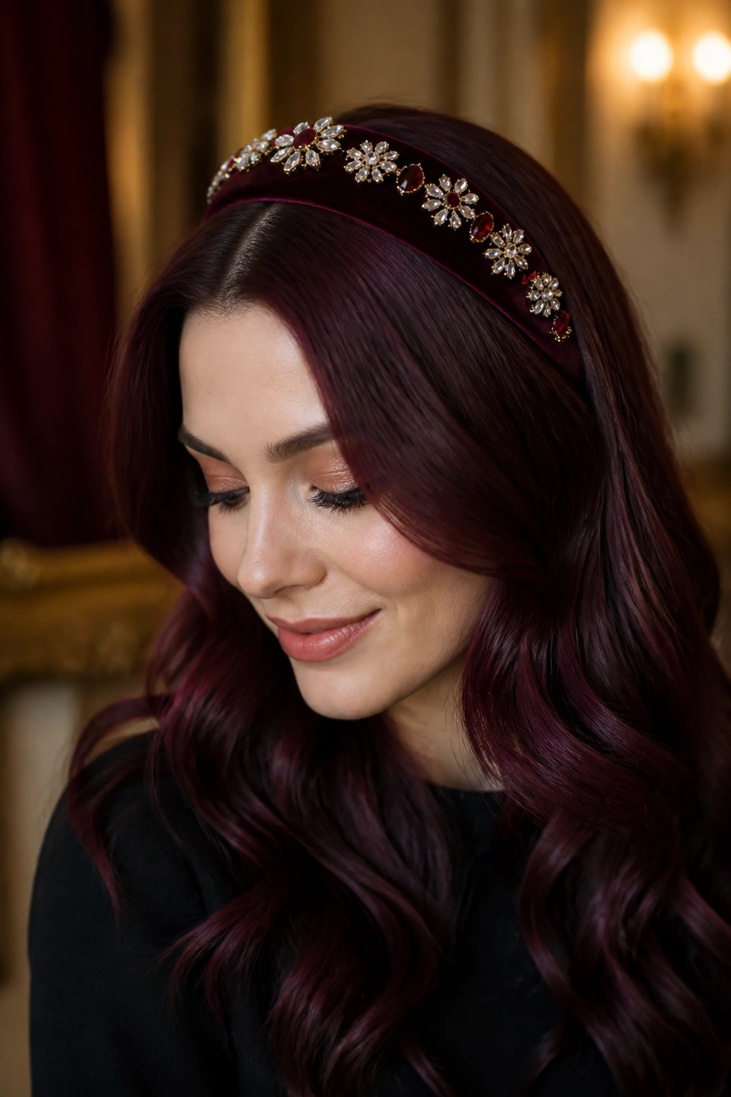 Portrait of real woman with jeweled headband in maroon hair.