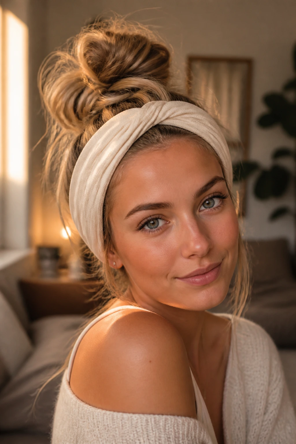 Close-up of a real person with a headband locked messy bun under warm window light