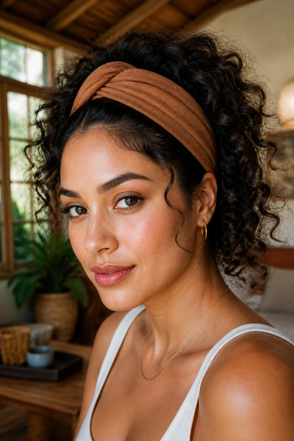 Close-up portrait of a real Latina woman with natural textured hair and a wide headband in warm window light.