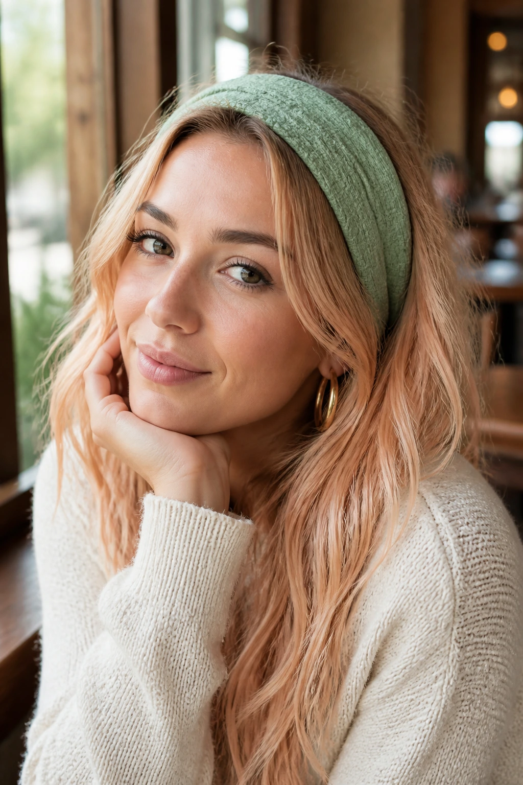 Portrait of real woman wearing a wide fabric headband with natural texture