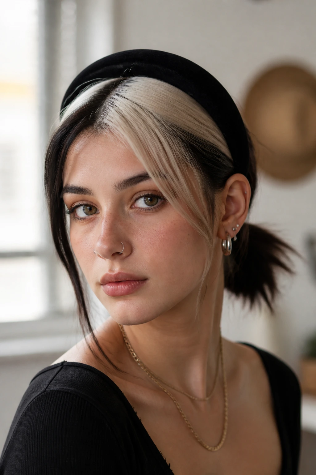 Portrait of a real person with a velvet headband and low ponytail with split-dye hair