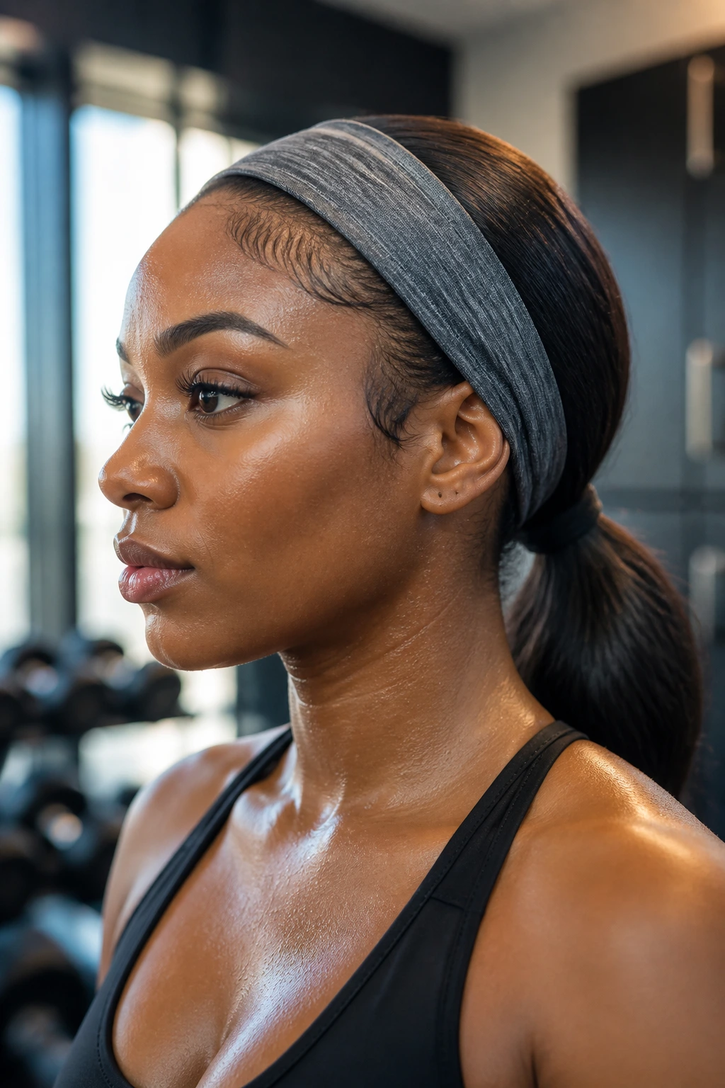 Close-up of an athlete wearing a thick headband with a low ponytail during a gym workout