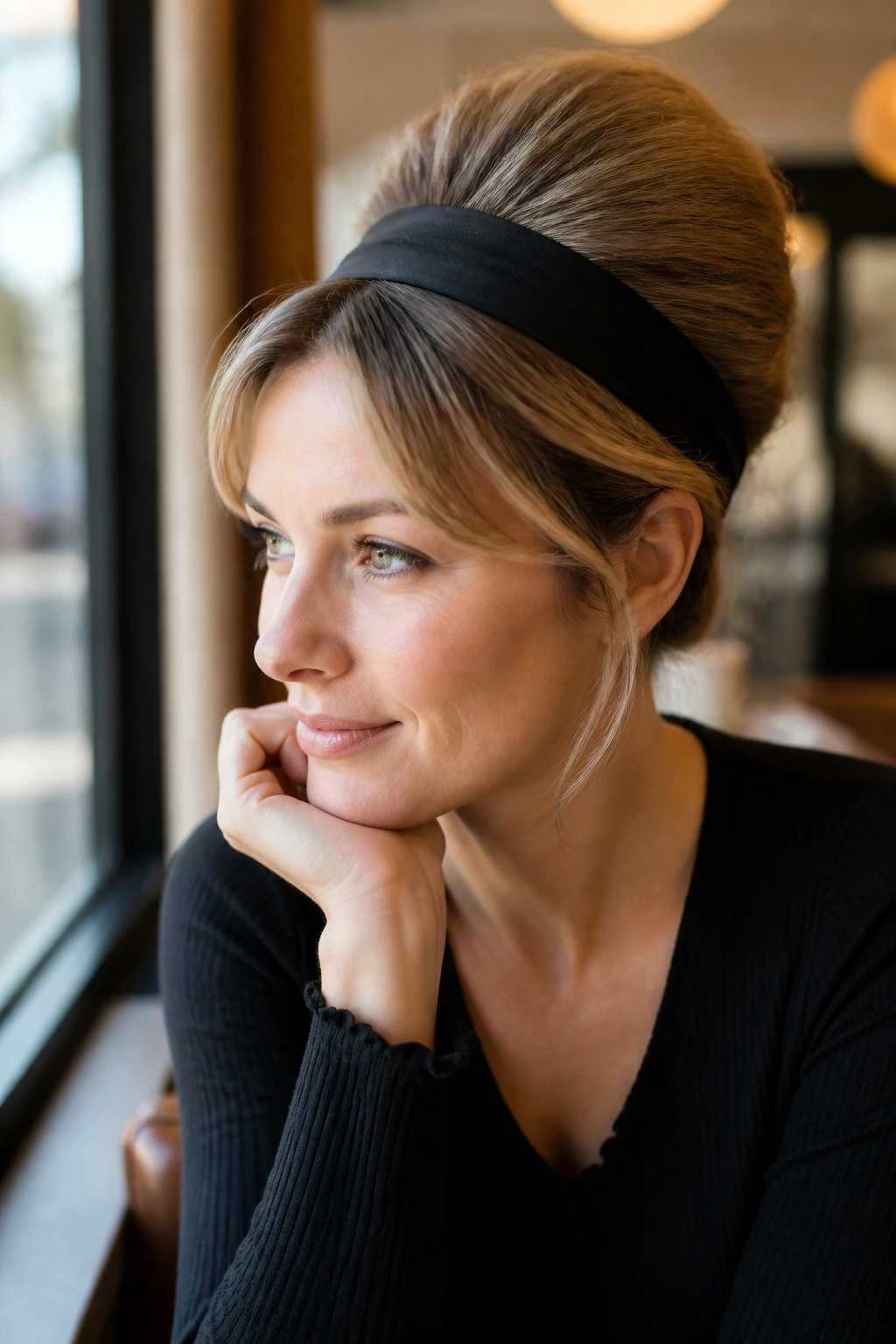 Close-up of a woman with a headband wrapped retro crown in cafe light