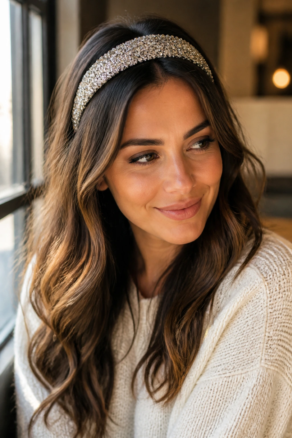 Close-up of sparkling headband over loose waves