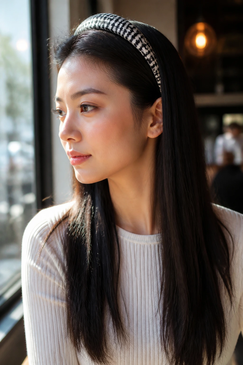 Close-up of a real woman with sleek hair pulled back by a headband in warm light.