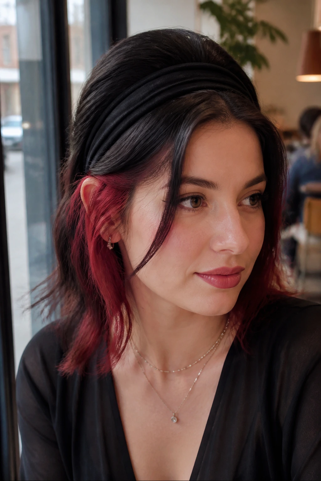 Portrait of a woman with a wide headband pushing hair forward to reveal red layers near ears.