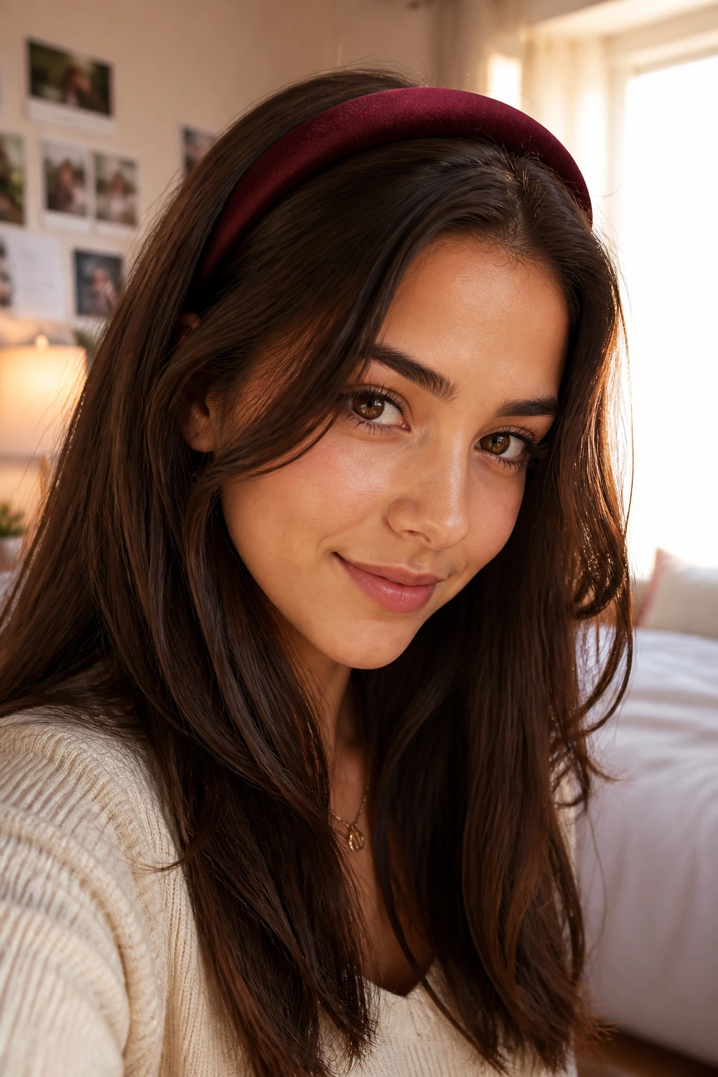 Close-up of brunette wearing a burgundy headband with hair tucked back