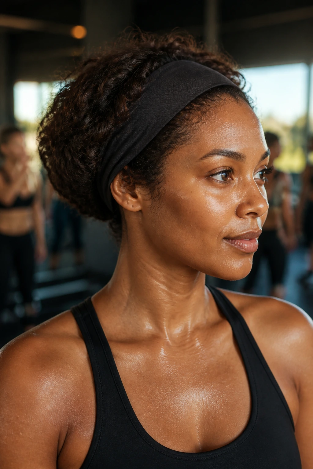 Close-up of a real woman with a headband tuck hairstyle during cardio