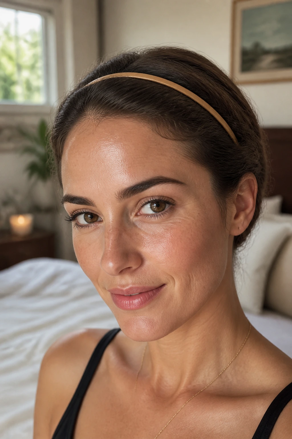Close-up of a real woman with a headband tuck hairstyle to tame frizz