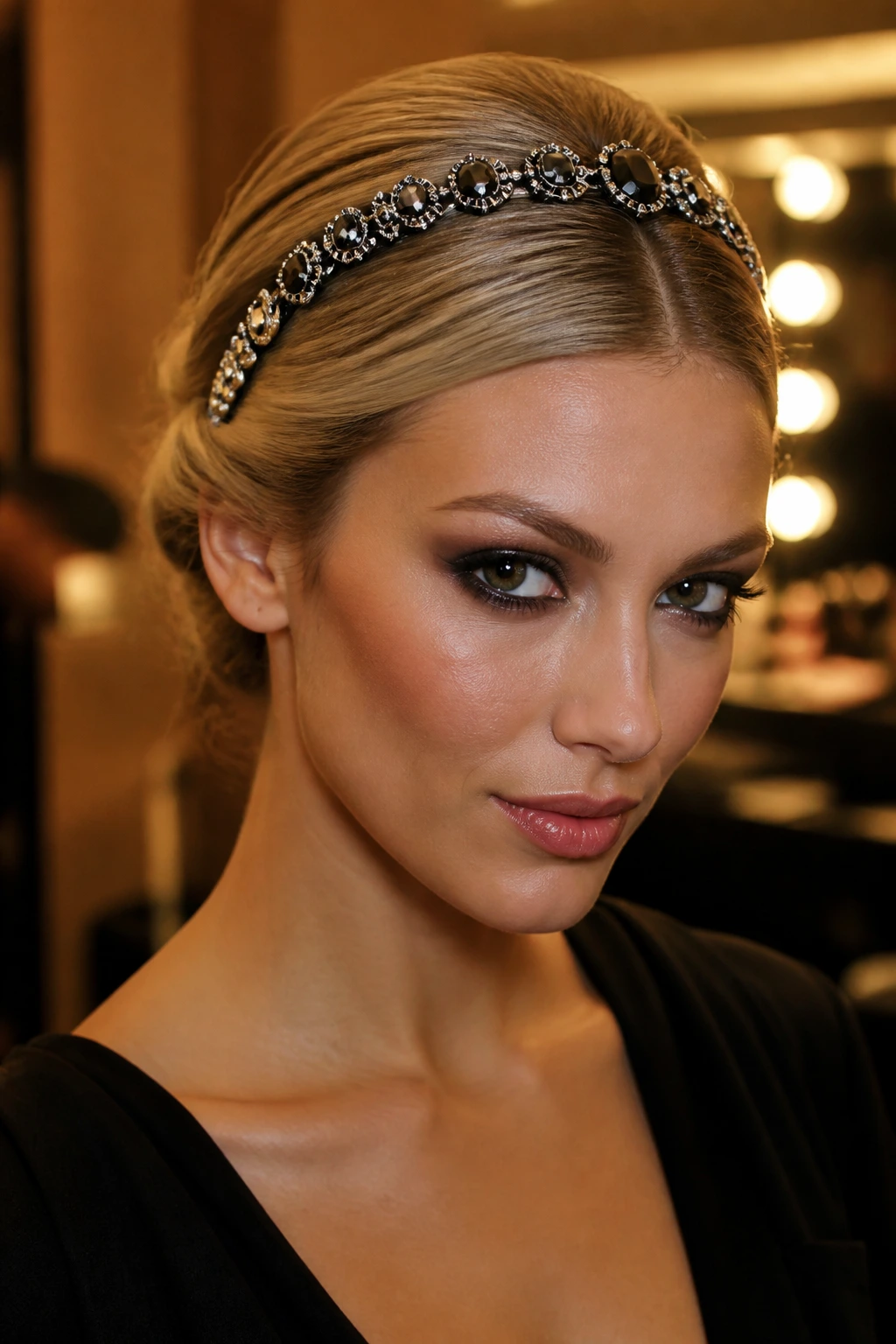 Close-up of The Spooky Headband Tuck on a real person with a metallic headband.