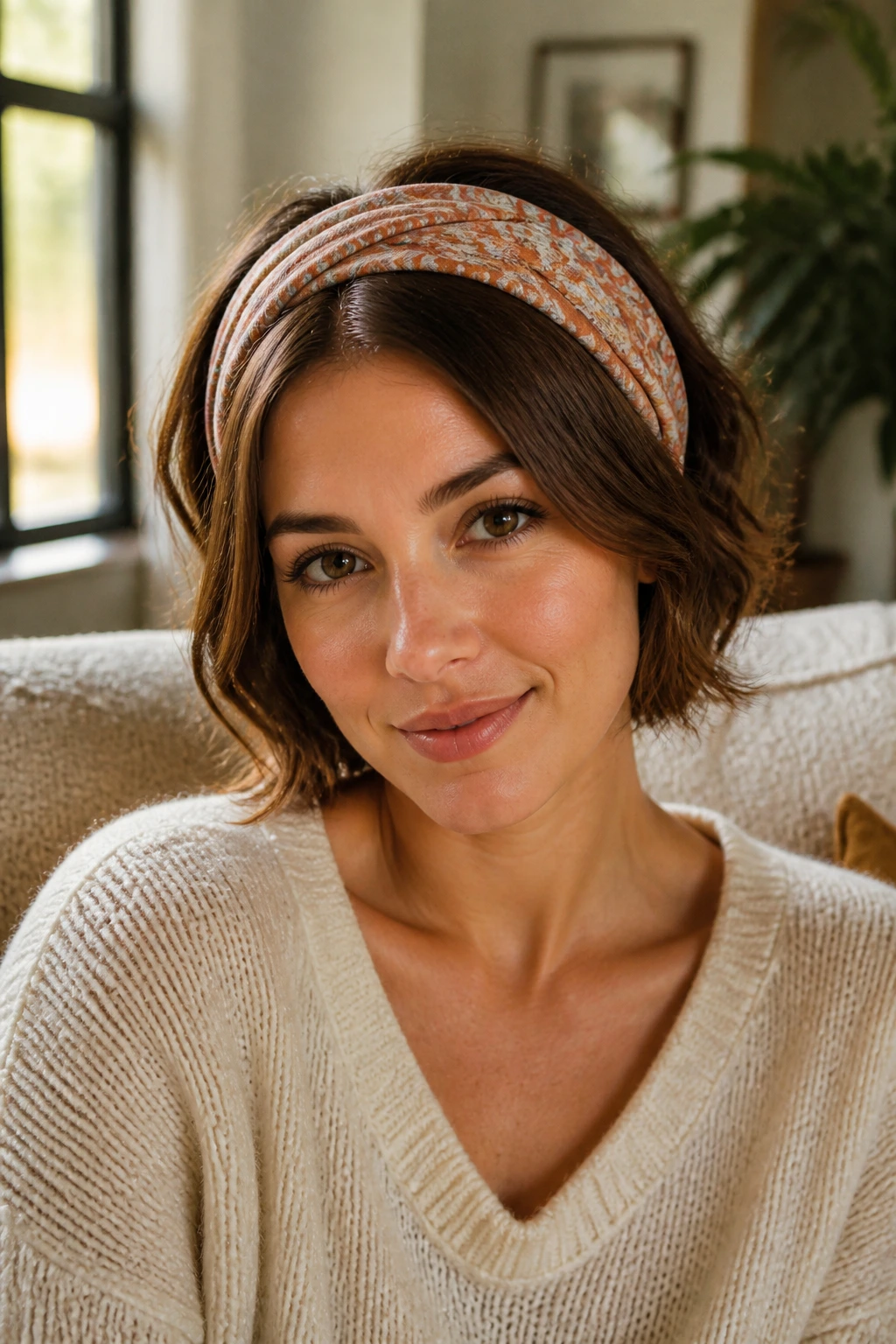Close-up of a real woman wearing a wide cloth headband with hair tucked behind for a faux-bob look.