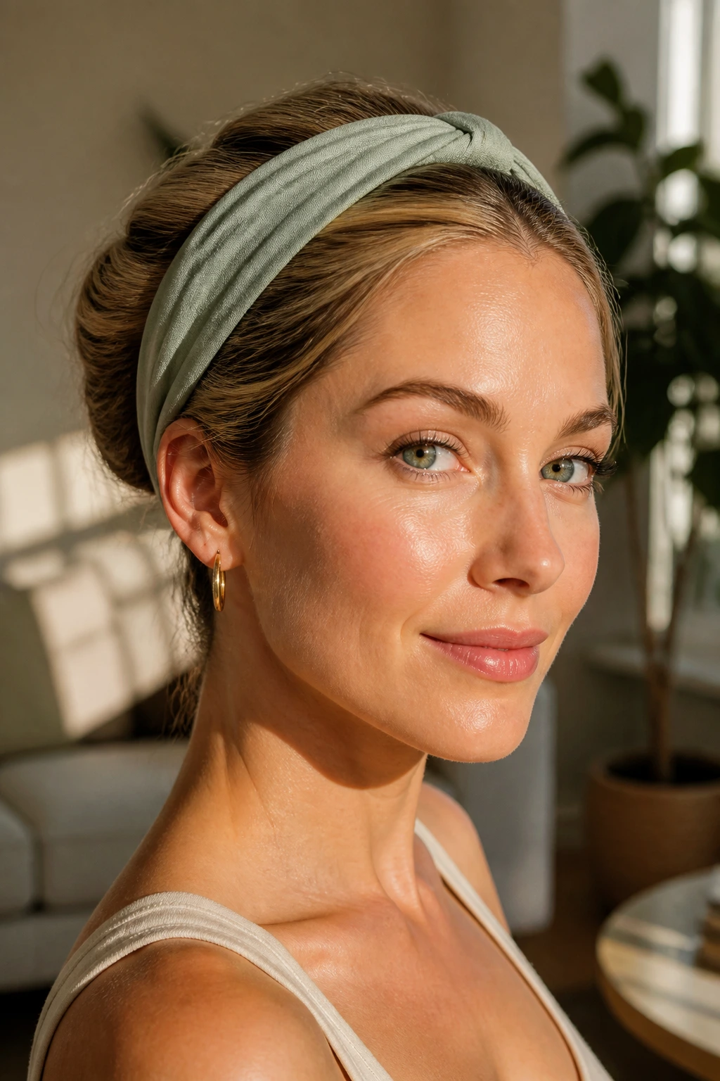 Portrait of a woman with a headband tuck hairstyle under warm light