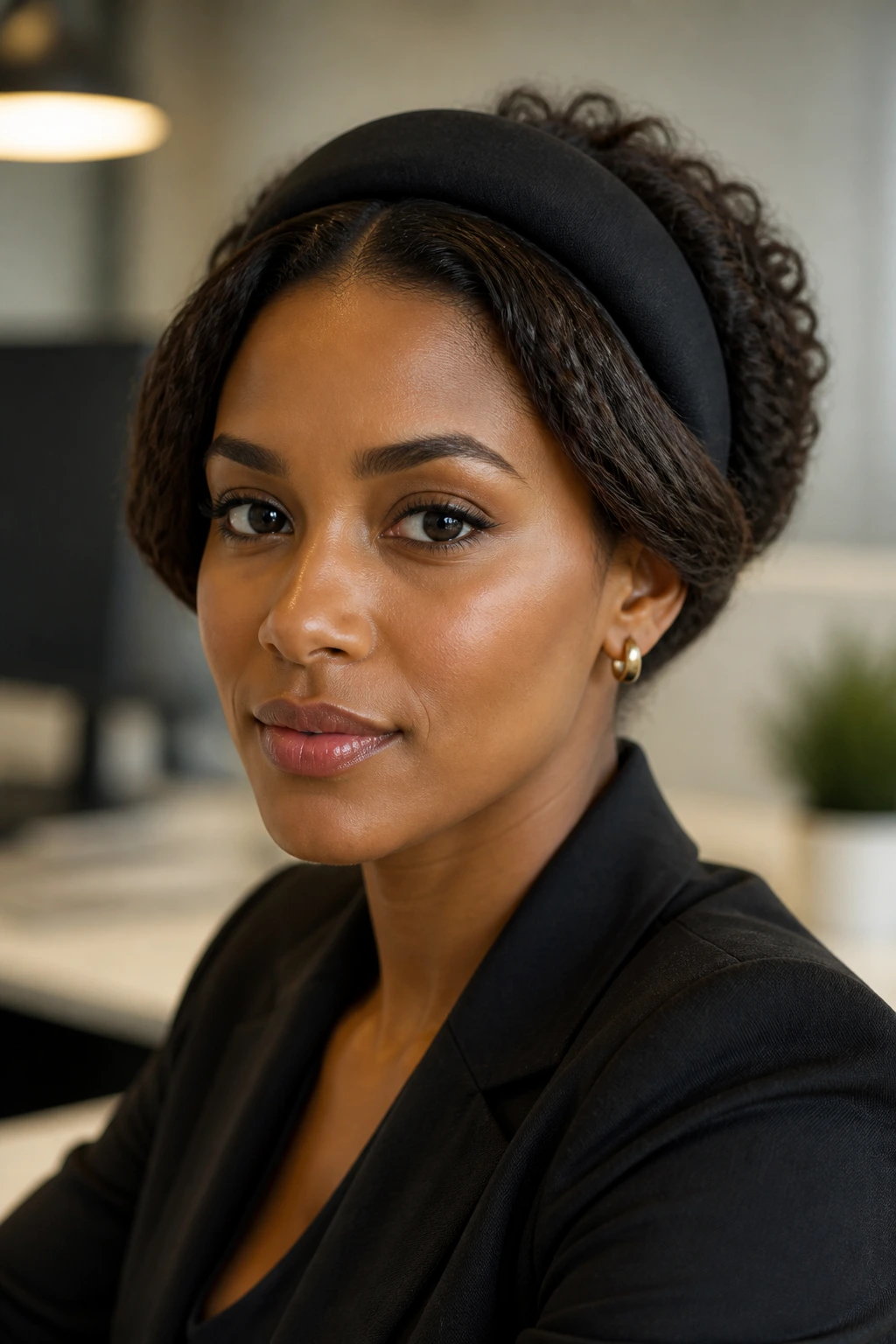 Portrait of a person wearing a headband tuck hairstyle at a desk.