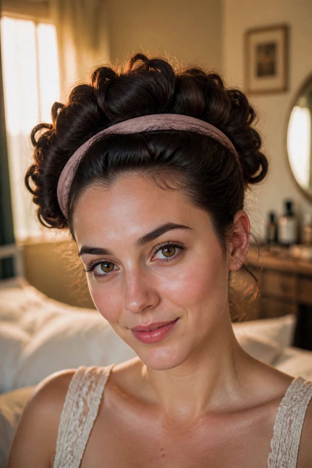 Close-up portrait of a woman with headband-tuck curls around a headband in warm light