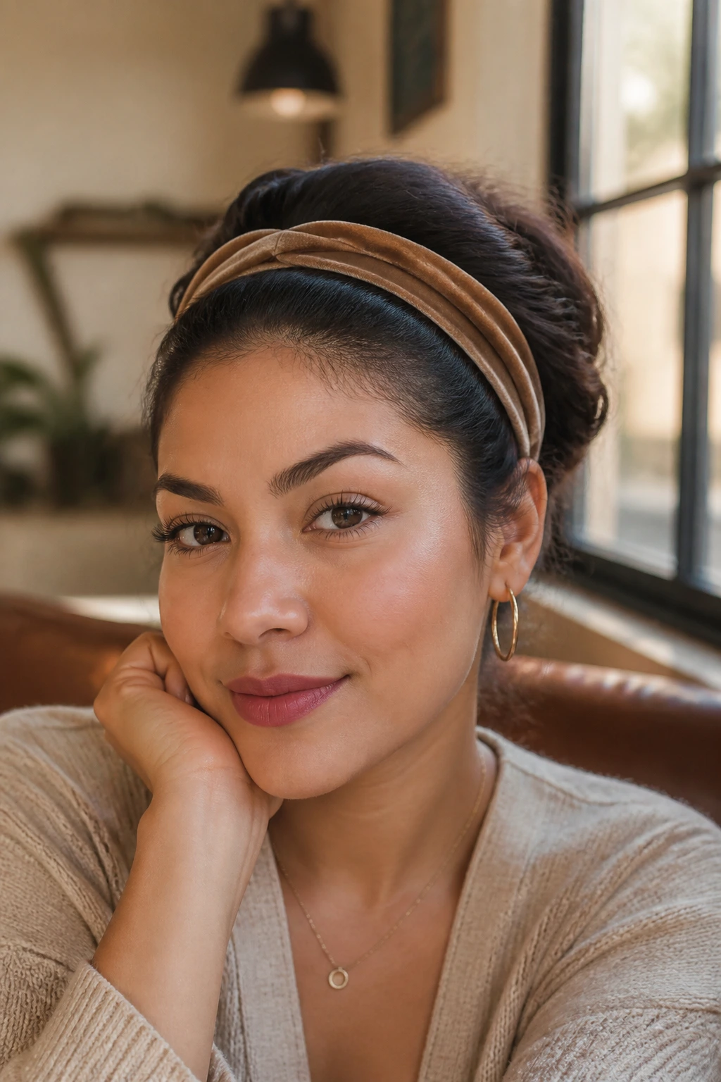 Close-up of a real woman with a headband tuck hairstyle.